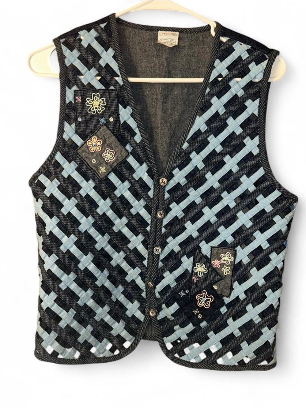 Cherokee Black and Light Blue Woven Lattice Vest